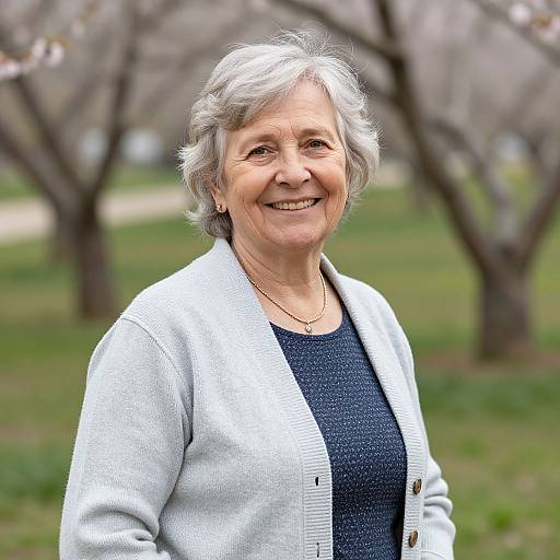 Photograph of a smiling elderly woman with short gray hair, wearing a light gray cardigan over a navy blue top, standing in a blurred park with
