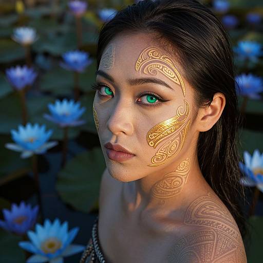 Photograph of an Asian woman with glowing gold henna patterns on her face and shoulder, green eyes, dark hair, surrounded by blue lotus flowers