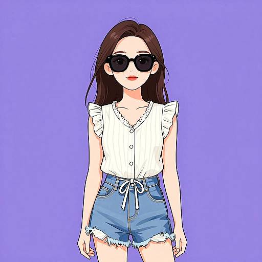 Digital anime-style drawing of a woman with long brown hair, black sunglasses, white ruffled sleeve top, and blue denim shorts against a purple background.