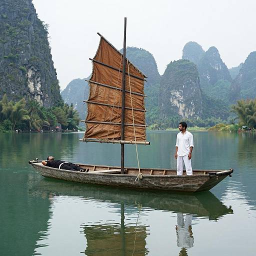 Serene Wooden Boat on Turquoise Lake