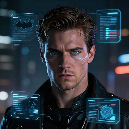 Photograph of intense, blue-eyed, blond-haired man with cybernetic enhancements, wearing black jacket, against dark, city-lit background with holog