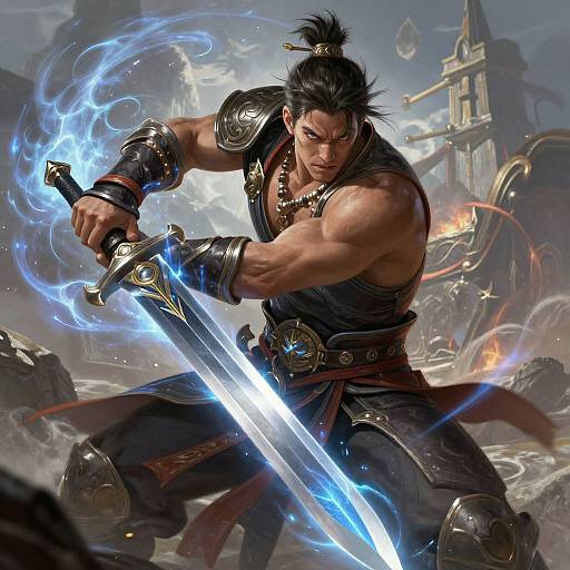 Muscular, dark-haired warrior with spiky hair wields glowing blue sword, surrounded by electric energy in a chaotic, burning cityscape. Digital fantasy