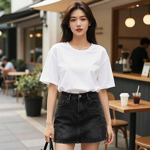 Photograph of an Asian woman with long black hair, wearing a white t-shirt and black denim skirt, standing outside a café.