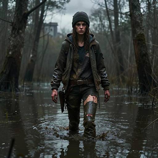 Photograph of a wet, dirty, rugged woman in dark, torn clothes and beanie, wading through a flooded, forested area with a