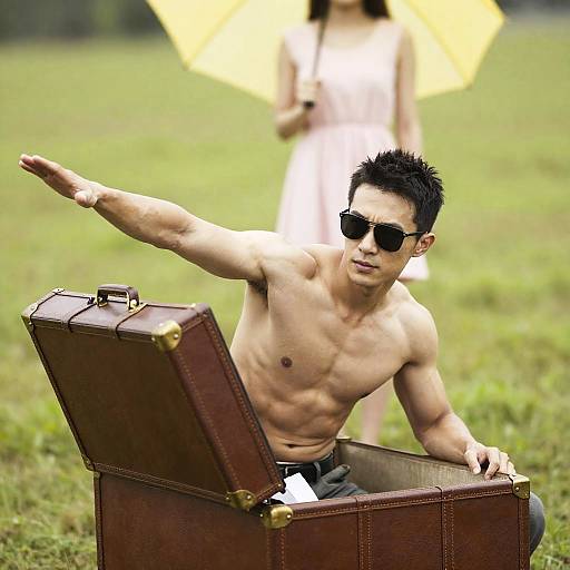 Muscular Man with Trunk in Field