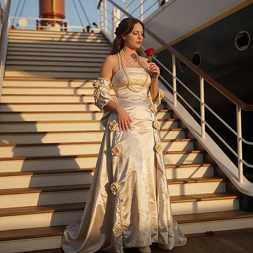 Photograph of a woman in a golden satin gown with off-shoulder sleeves, holding a red rose, standing on sunlit ship stairs.