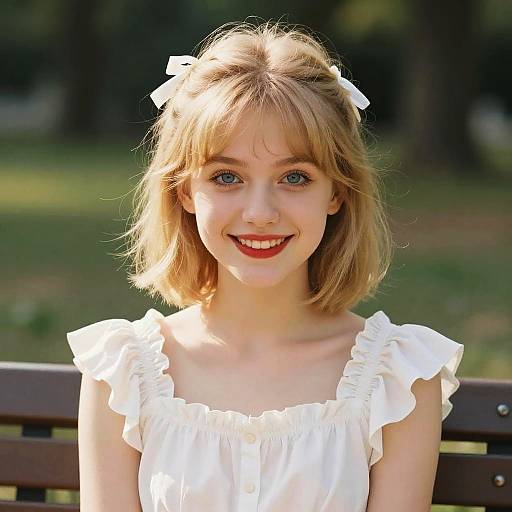 Photograph of a smiling young woman with short blonde hair, white hair bow, and red lipstick, wearing a white, ruffled sleeveless dress,