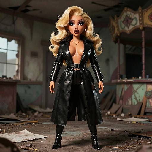 Digital artwork of a blonde, busty doll with wavy hair, wearing a black leather trench coat and boots, standing confidently in a dilapidated,