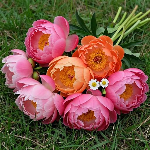 Photograph of a vibrant bouquet featuring pink and orange peonies with white daisies, lying on green grass.