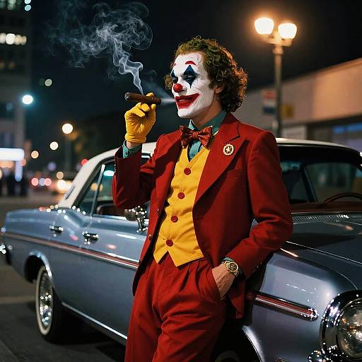 Photograph of a Joker-like figure smoking, wearing a red suit, yellow vest, and gloves, standing by a blue vintage car at night.