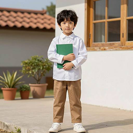 Young Boy Holding Green Book Outdoors