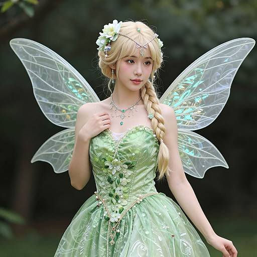 Photorealistic CGI of a fair-skinned, blonde fairy with delicate wings, wearing a light green, floral-embellished dress, and a