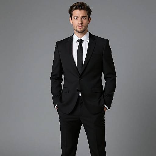 Photograph of a handsome, light-skinned man with short brown hair and beard, wearing a black suit, white shirt, and black tie, standing