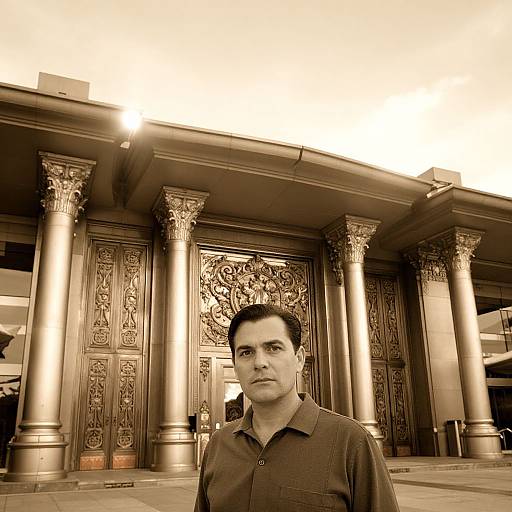 Sepia-toned photograph of a serious-looking man with short black hair, wearing a dark polo shirt, standing in front of an ornately decorated,