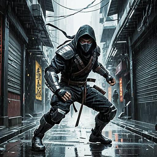 Cybernetic Ninja in Rain-Soaked Futuristic Alley