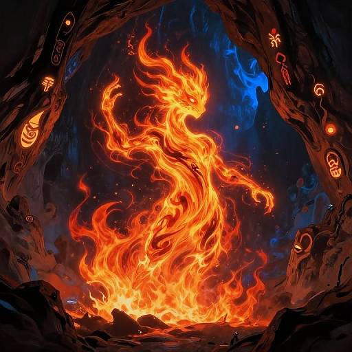 Digital art: Vibrant, swirling orange and yellow fire erupts from a rocky cave, surrounded by glowing red and orange runes on dark, textured rocks