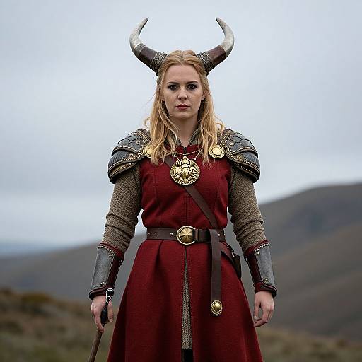 Photograph of a blonde woman with Viking horns, wearing a red dress, silver armor, and chainmail, standing in a mountainous landscape.