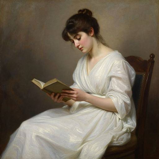 Painting of a pale-skinned, brunette woman in a white, textured dress, sitting and reading a book against a dark background.