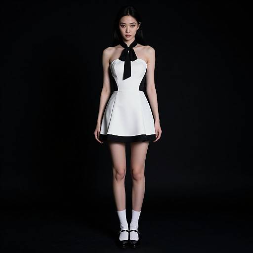 Photograph of an Asian woman with long black hair, wearing a white strapless dress with black accents, black bow tie, white socks, and black