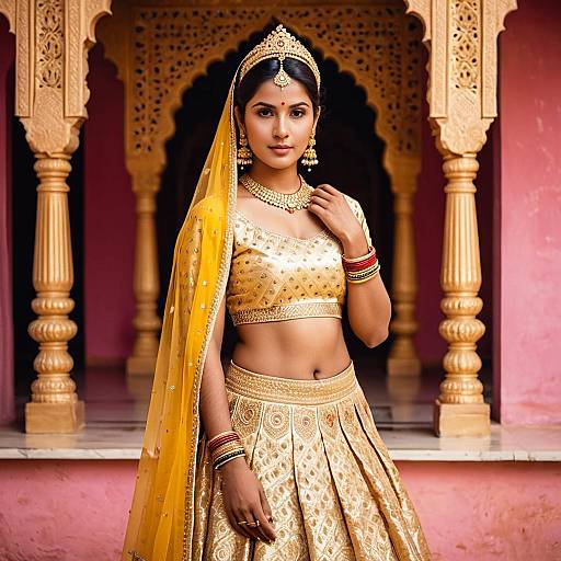 Elegant Indian Woman in Golden Lehenga