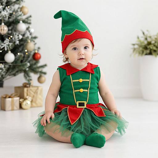 Photograph of a baby with green elf costume, red hat, and tulle skirt, sitting in front of a decorated Christmas tree.