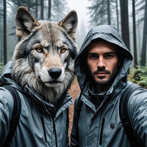 Man and Gray Wolf Selfie in Rainy Forest