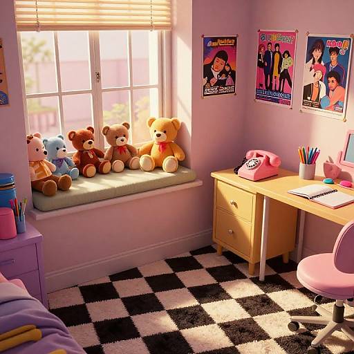 Bright, sunlit child's bedroom with checkered floor, pink desk, vintage phone, teddy bears on window seat, and pop culture posters.