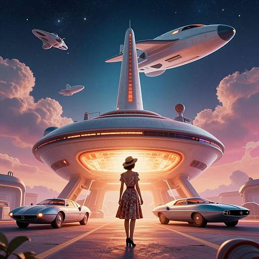 Digital illustration of a retro-futuristic scene with a woman in a floral dress and hat facing a glowing, dome-shaped space station flanked by classic