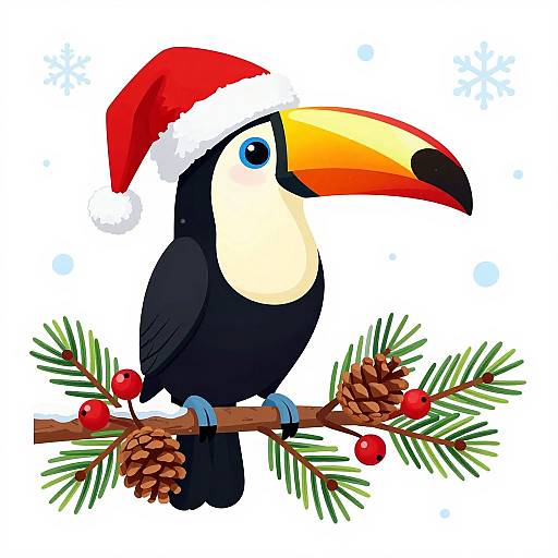 Digital illustration of a colorful toucan wearing a Santa hat, perched on a pine branch with red berries and pinecones.