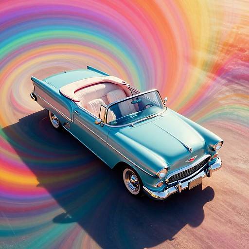 Photograph of a vintage, teal convertible car with white interior, set against a vivid, rainbow-swirled background, casting a shadow on the ground