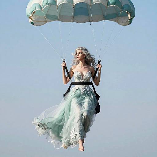 Woman in Seafoam Green Wedding Dress Parachuting