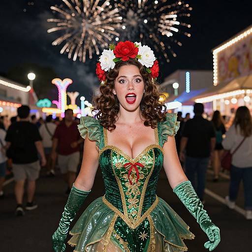 Photograph of a curly-haired woman in a green, glittery fairy costume with red and white flower crown, green gloves, and low-cut bodice