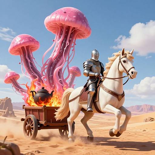 CGI fantasy scene: armored knight in silver armor rides white horse, pulling wooden cart with blazing cauldron, surrounded by pink jellyfish-like creatures