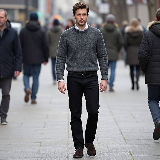 Photograph of a tall, handsome man with short brown hair and beard, wearing a gray sweater, black pants, and brown shoes, walking down a