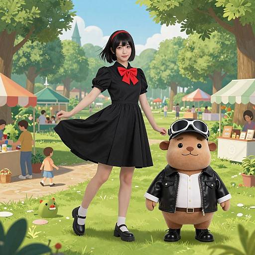 Digital illustration of a young girl in a black dress with red bow, holding a teddy bear in a leather jacket, in a sunny, vibrant park