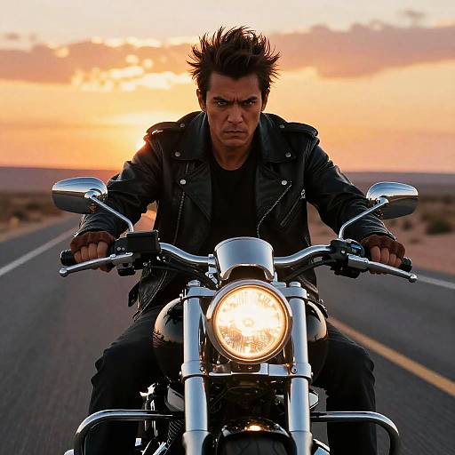 Photograph of intense, spiked-haired man in black leather jacket riding motorcycle at sunset on deserted road, headlight glowing brightly.