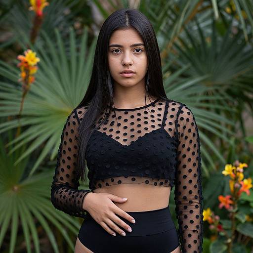Photograph of a young Latina woman with long black hair, wearing a sheer black polka dot crop top and high-waisted black bottoms, standing
