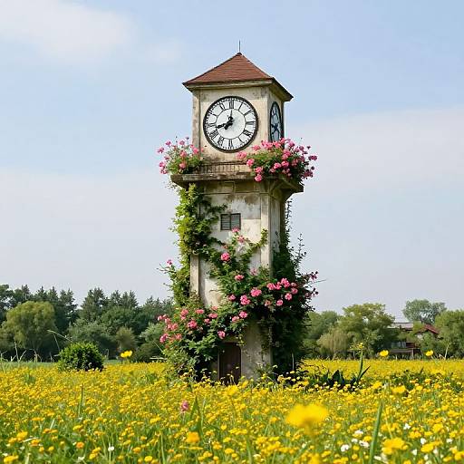 Photograph of a tall, white clock tower with pink and green climbing plants, standing in a vibrant yellow wildflower field.