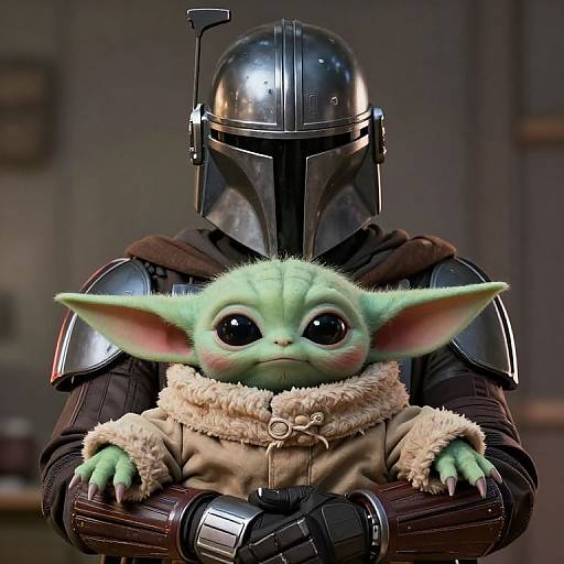 Digital artwork of a green, big-eyed, pointy-eared creature in a fuzzy beige coat, held by a tall, armored figure in a Mandal