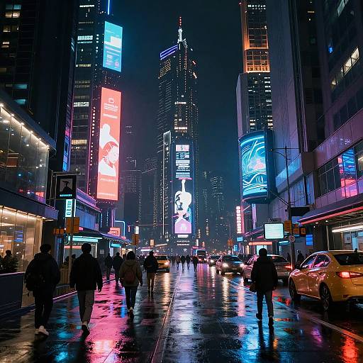 Neon-lit, rainy urban street at night, bustling with people, bright colorful billboards, and reflective wet pavement, surrounded by tall skyscrap