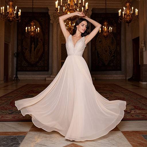 Photograph of a dark-haired woman in a white, sleeveless, V-neck gown with sparkling bodice, arms raised, twirling in a luxurious