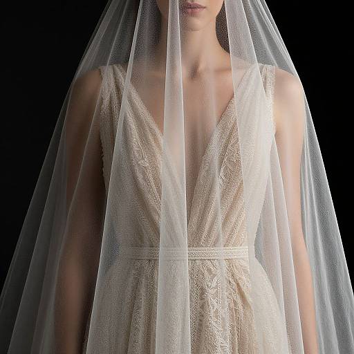 Photograph of a woman in a lace, deep V-neck white wedding dress with a sheer, flowing veil covering her face against a black background.