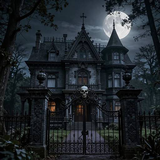 Photograph of a gothic, black, creepy mansion under a full moon, with a skull on the ornate iron gate, surrounded by dark,