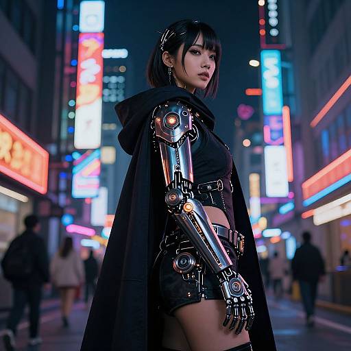Cyberpunk woman with black bob, robotic arm, black shorts, and cape in a neon-lit urban street at night. Digital art.