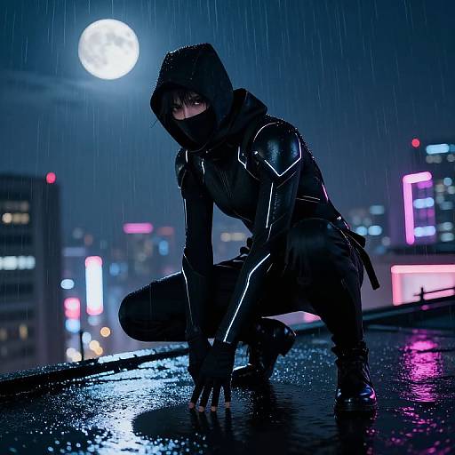 Digital art of a stealthy, hooded figure in black tactical gear, crouching on a wet rooftop under a rainy, neon-lit city