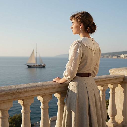 Photograph of a brunette woman in vintage beige dress, standing on stone balcony, gazing at a sailing ship on a calm sea.