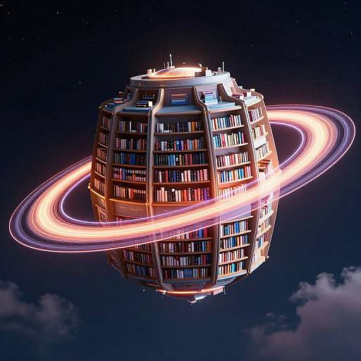 Photorealistic CGI of a futuristic book-filled space station with glowing light rings orbiting, set against a dark starry sky.