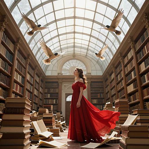 Photograph of a woman in a flowing red dress standing in a sunlit, arched library, surrounded by books and four flying birds.