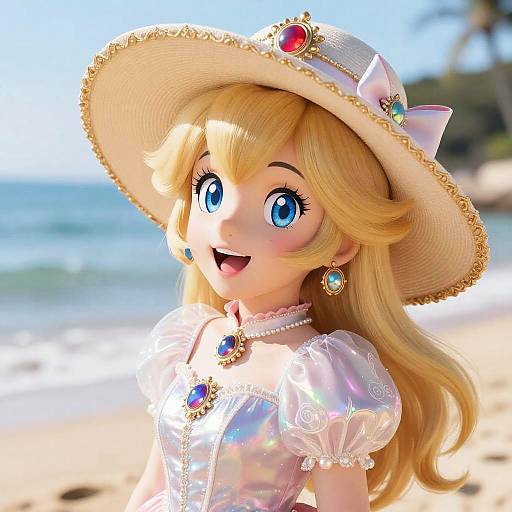 Digital art of a blonde, blue-eyed Princess Peach in a white, iridescent dress, wide-brimmed hat with jewels, smiling on a