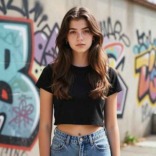 Photograph of a young woman with long brown hair, wearing a black crop top and blue jeans, standing in front of colorful graffiti-covered concrete wall.